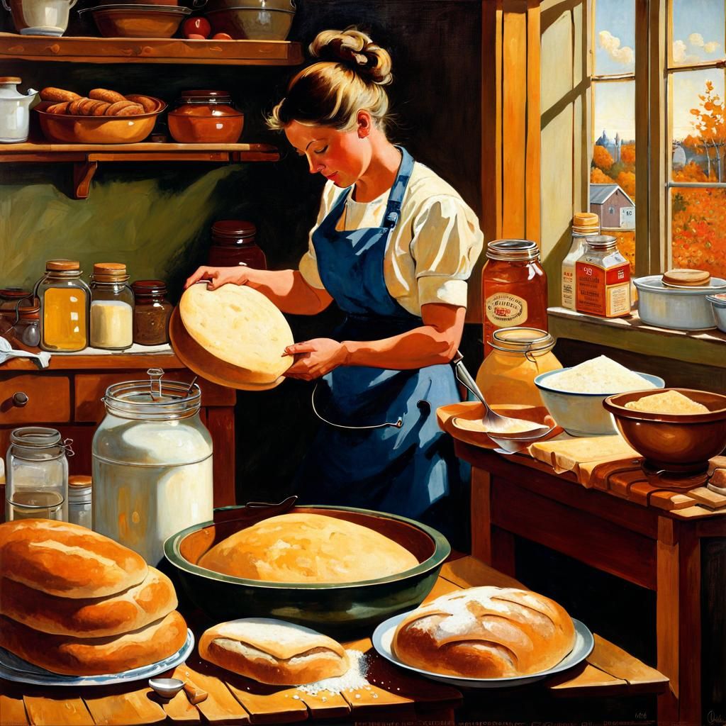 Mother Baking Bread in Rockwell Oil Painting