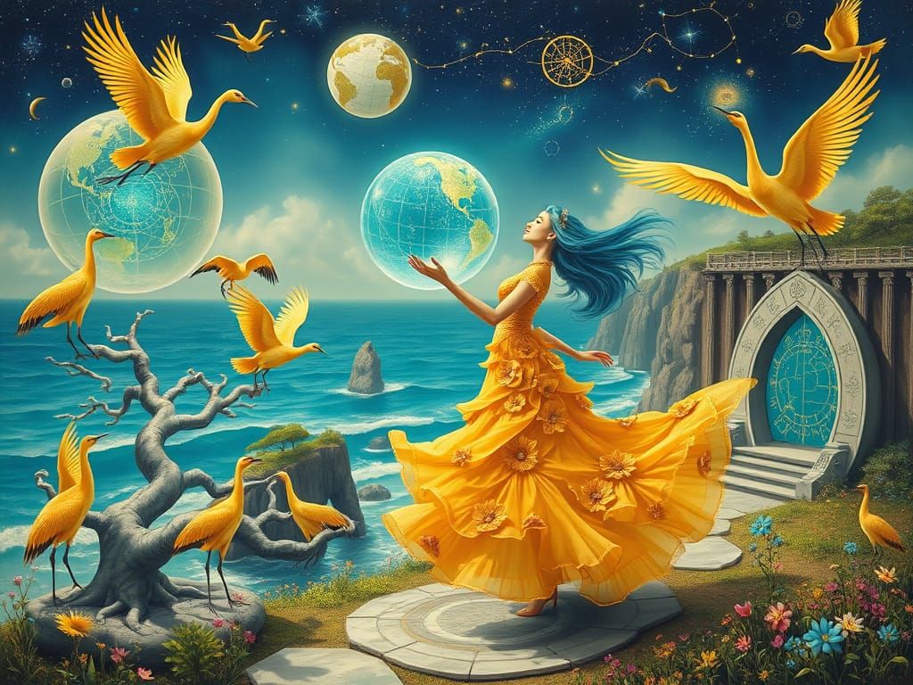 Woman with Turquoise Hair Dancing by a Portal