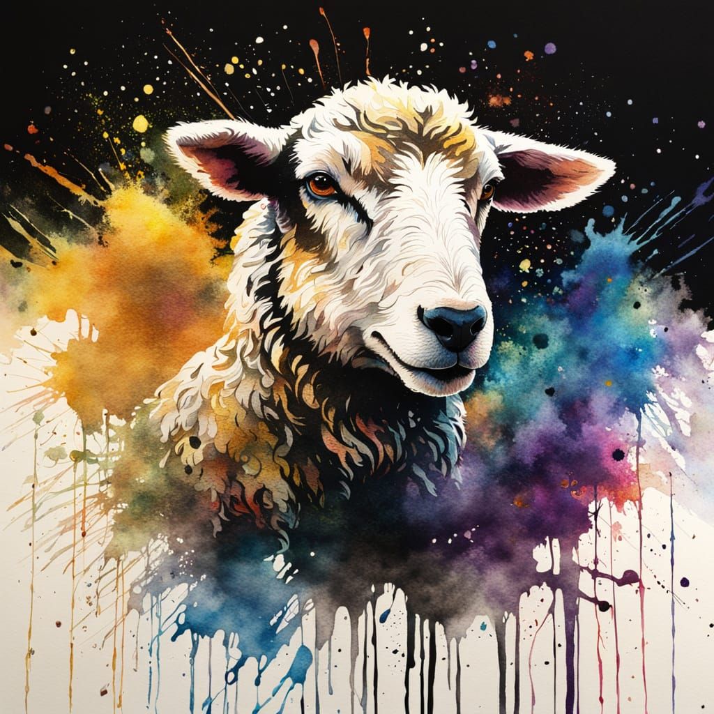 Expressive Watercolor Lamb and Sheepdog in Golden Light