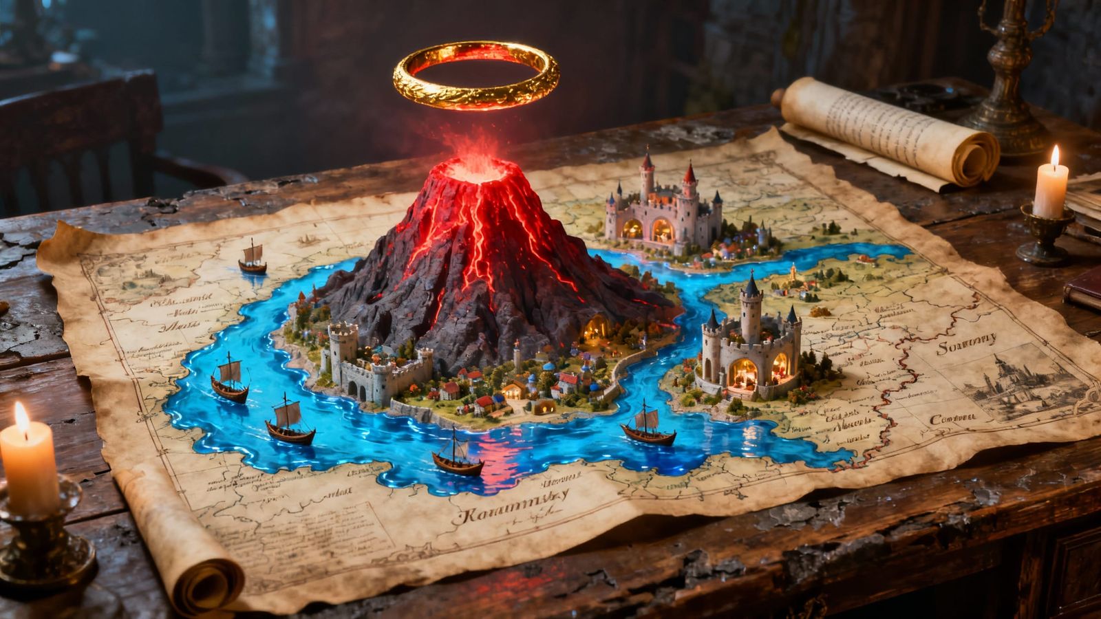 Antique Fantasy Map with Volcano, Kingdom, and Rivers