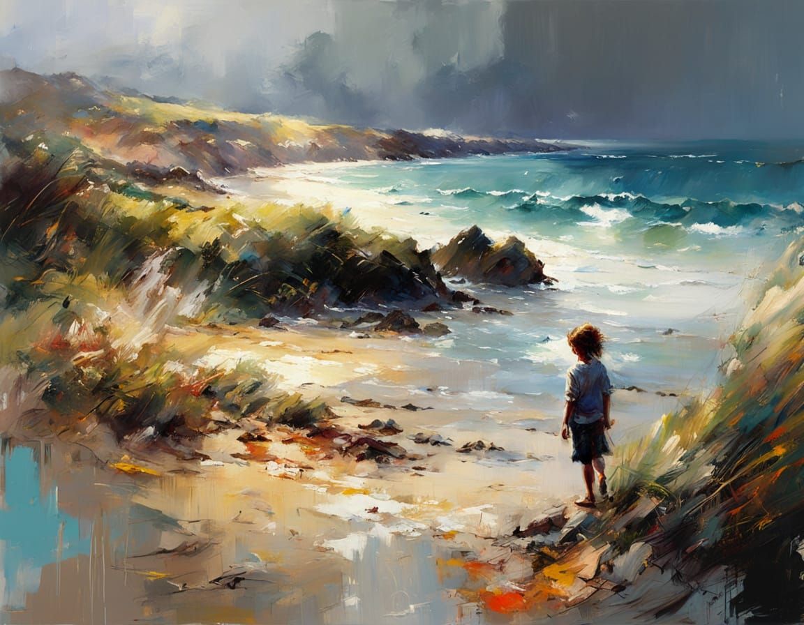 Vibrant Beach Landscape in Impressive Oil Painting Style