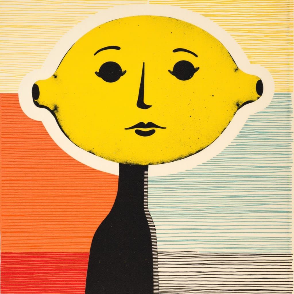 Minimalist Linocut Portrait with Lemon Head and Op-Art Style