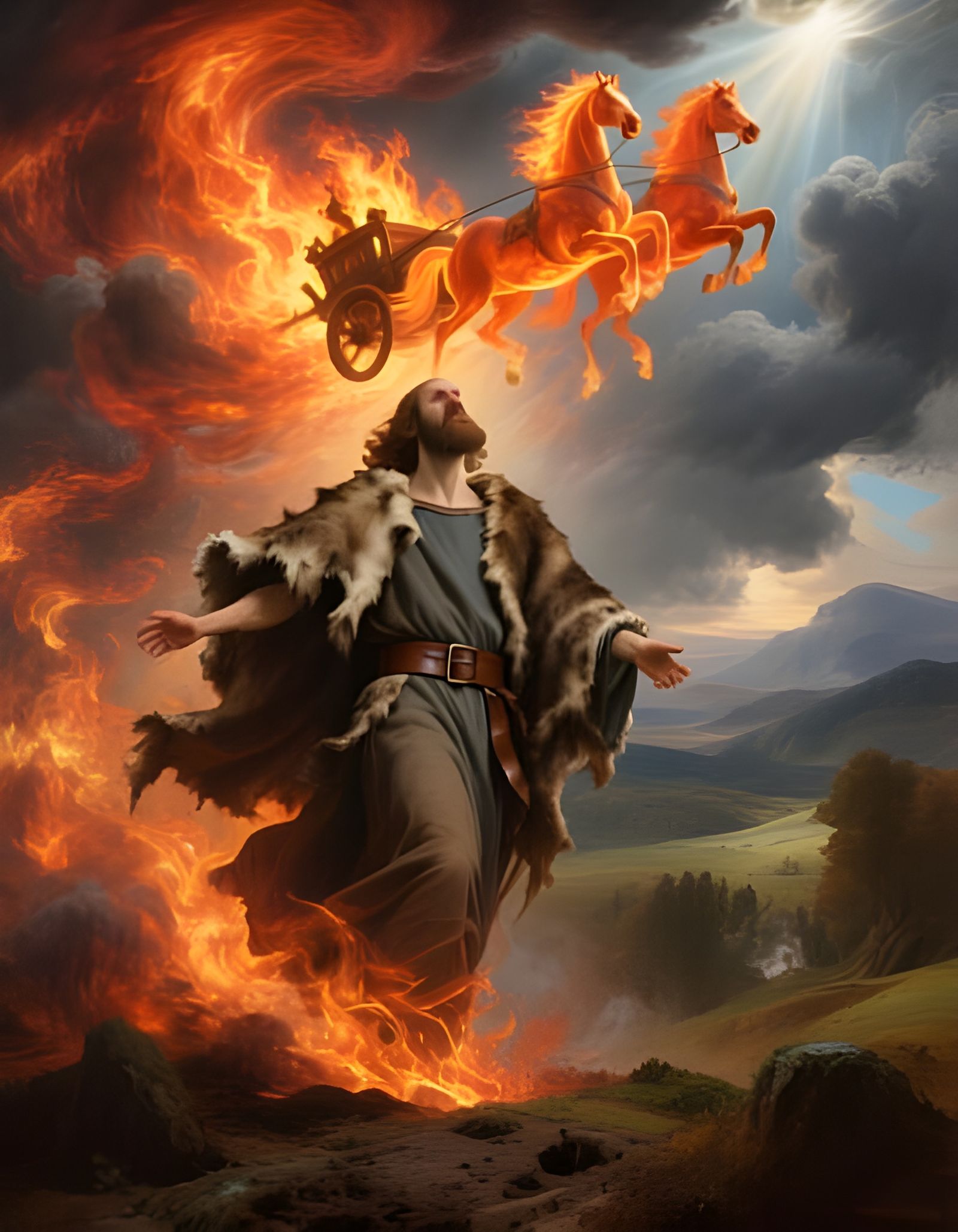 Elijah's Fiery Ascension in Dramatic Biblical Scene
