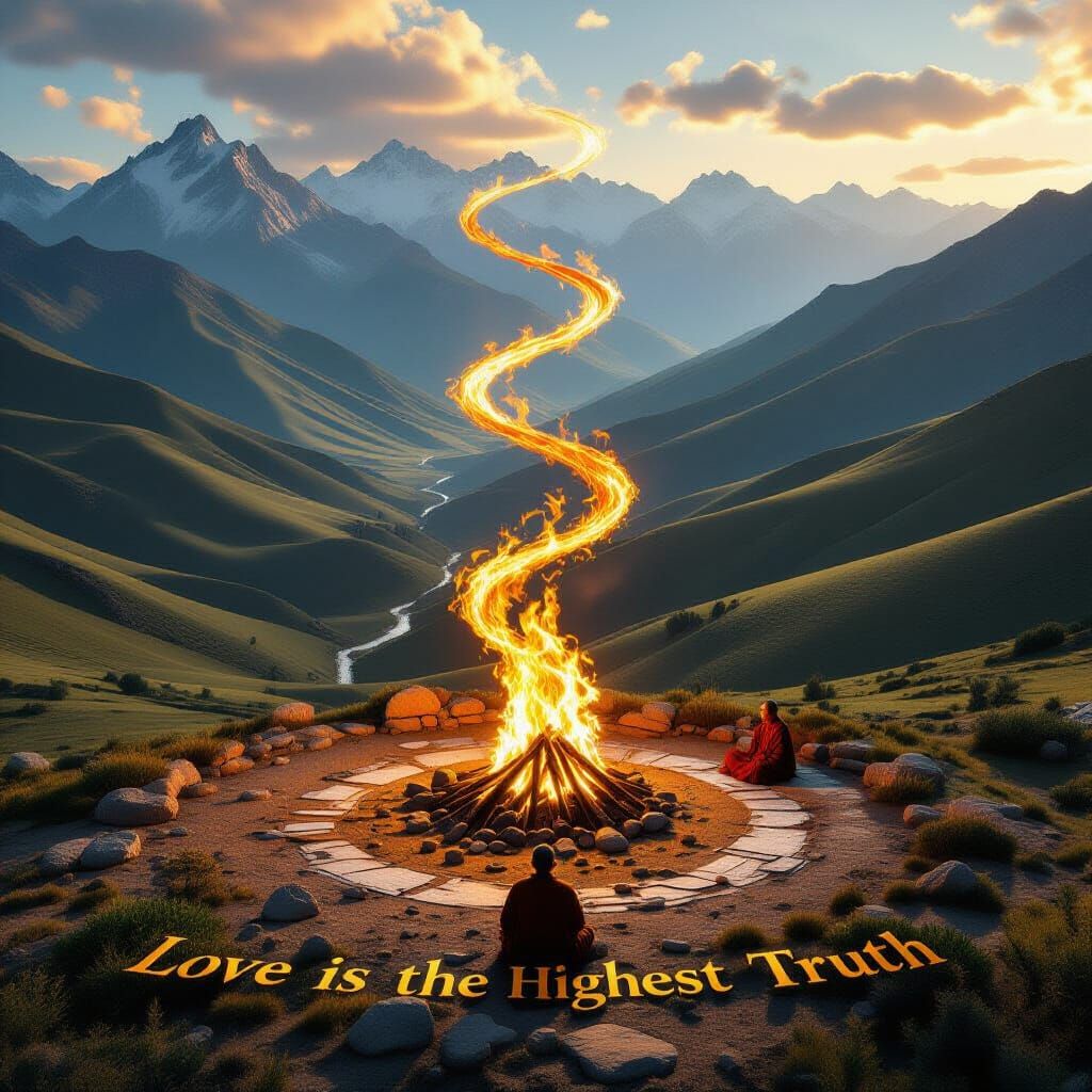 Monk Gazes at Spiraling Fire Over Tibetan Hills in Hyperreal...