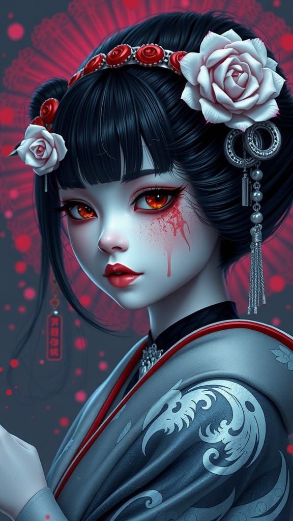 Ethereal Geisha Portrait in Triadic Colors