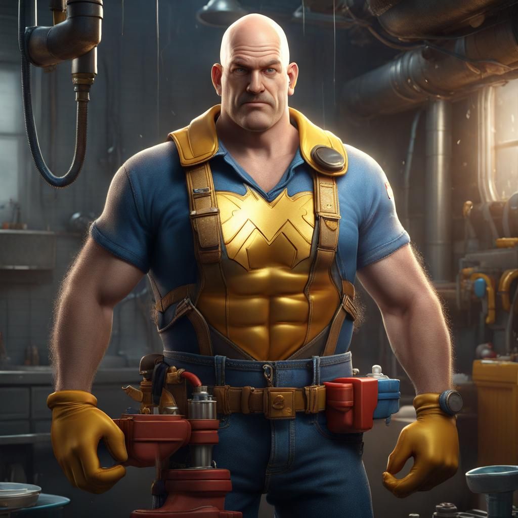 Plumber Superhero in Detailed Matte Painting