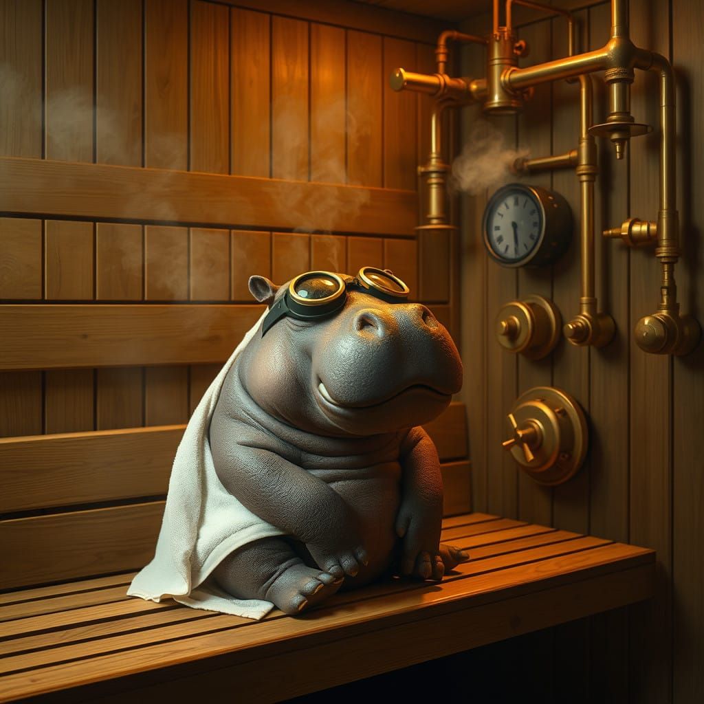 A Steampunk Hippopotamus Relaxing in a Cozy Sauna Scene