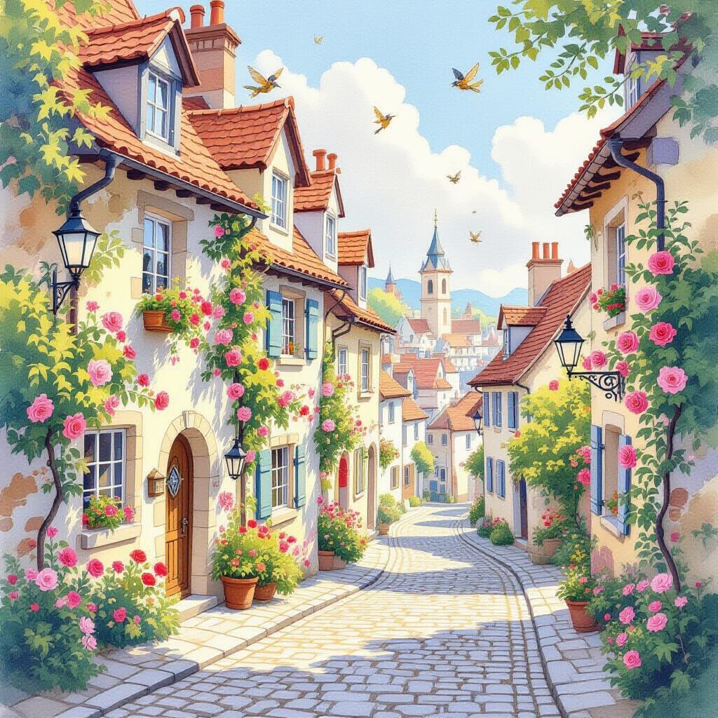 Whimsical Watercolor Cityscape with Fantastical Flowers