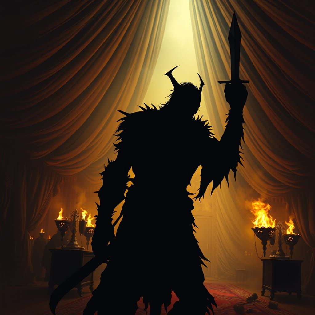 Shadowy Figure Emerges from Tent with Dagger