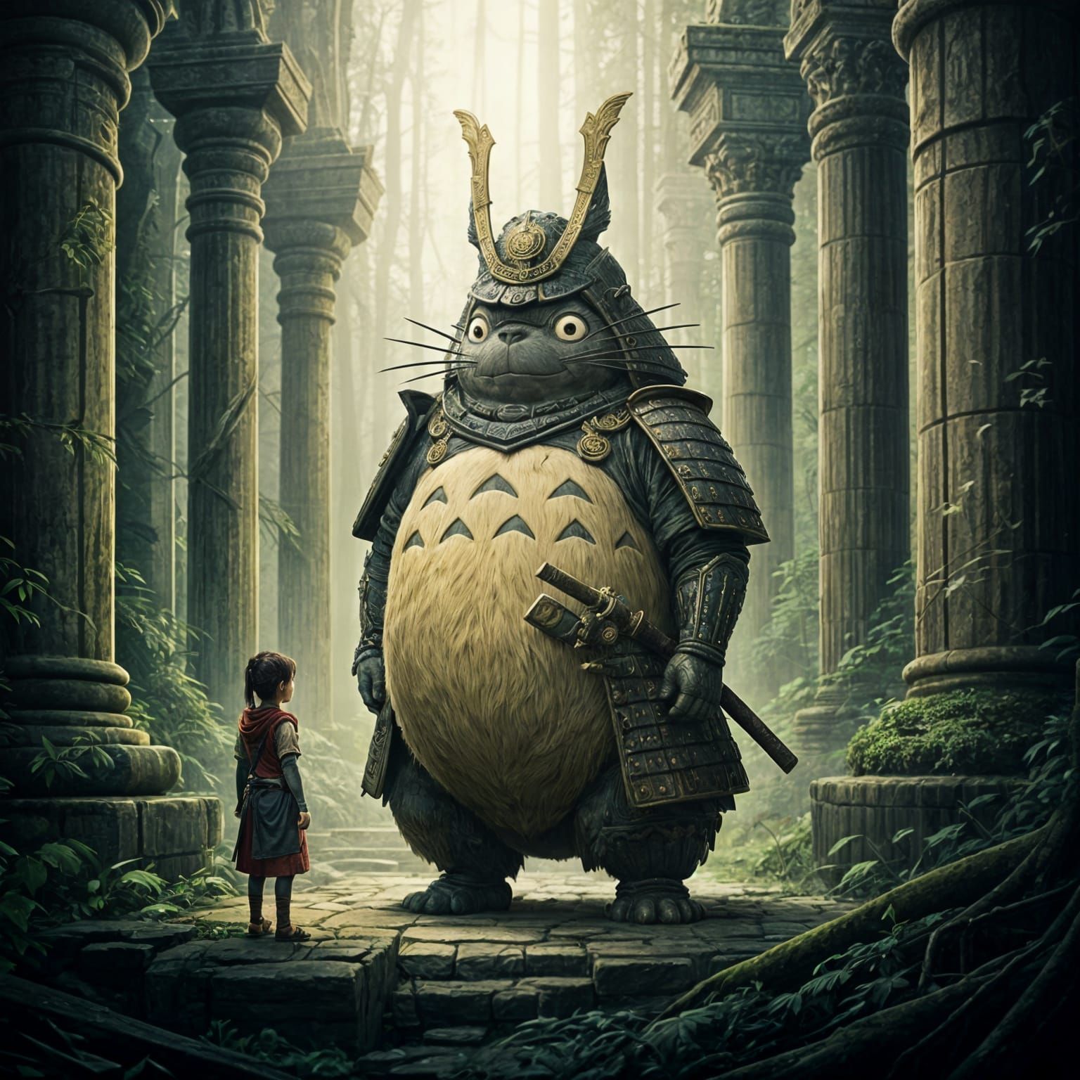 Totoro as Samurai in Overgrown Temple Ruins