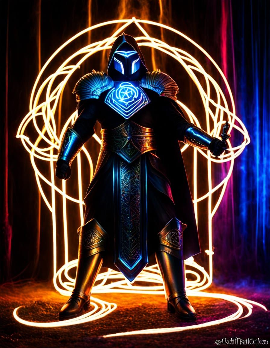 Holographic Darklight Templar in Light Painting Style