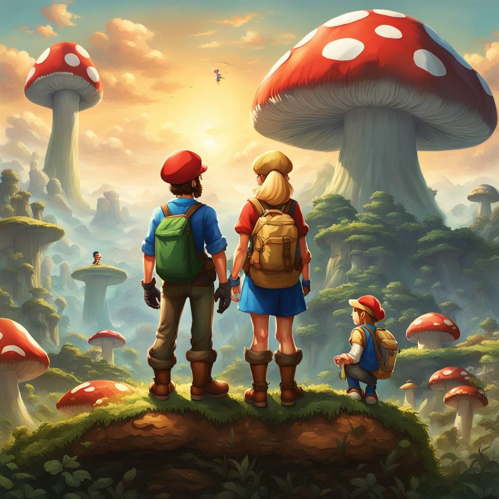 Adventurers on Giant Mushrooms in Fantasy Landscape