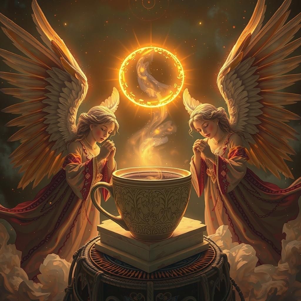 Angels Offering Coffee in Psychedelic Cosmic Art