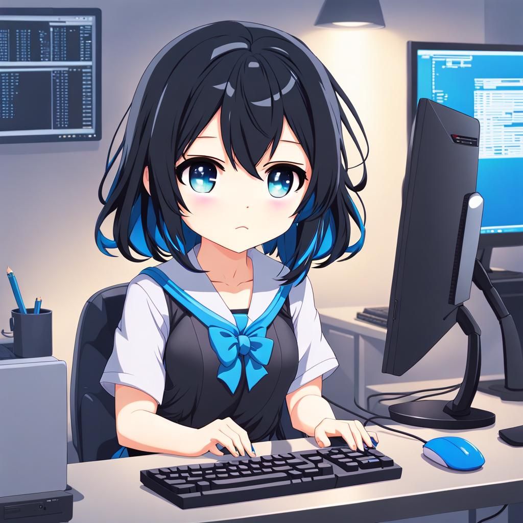 Tired Chibi Anime Girl at Computer