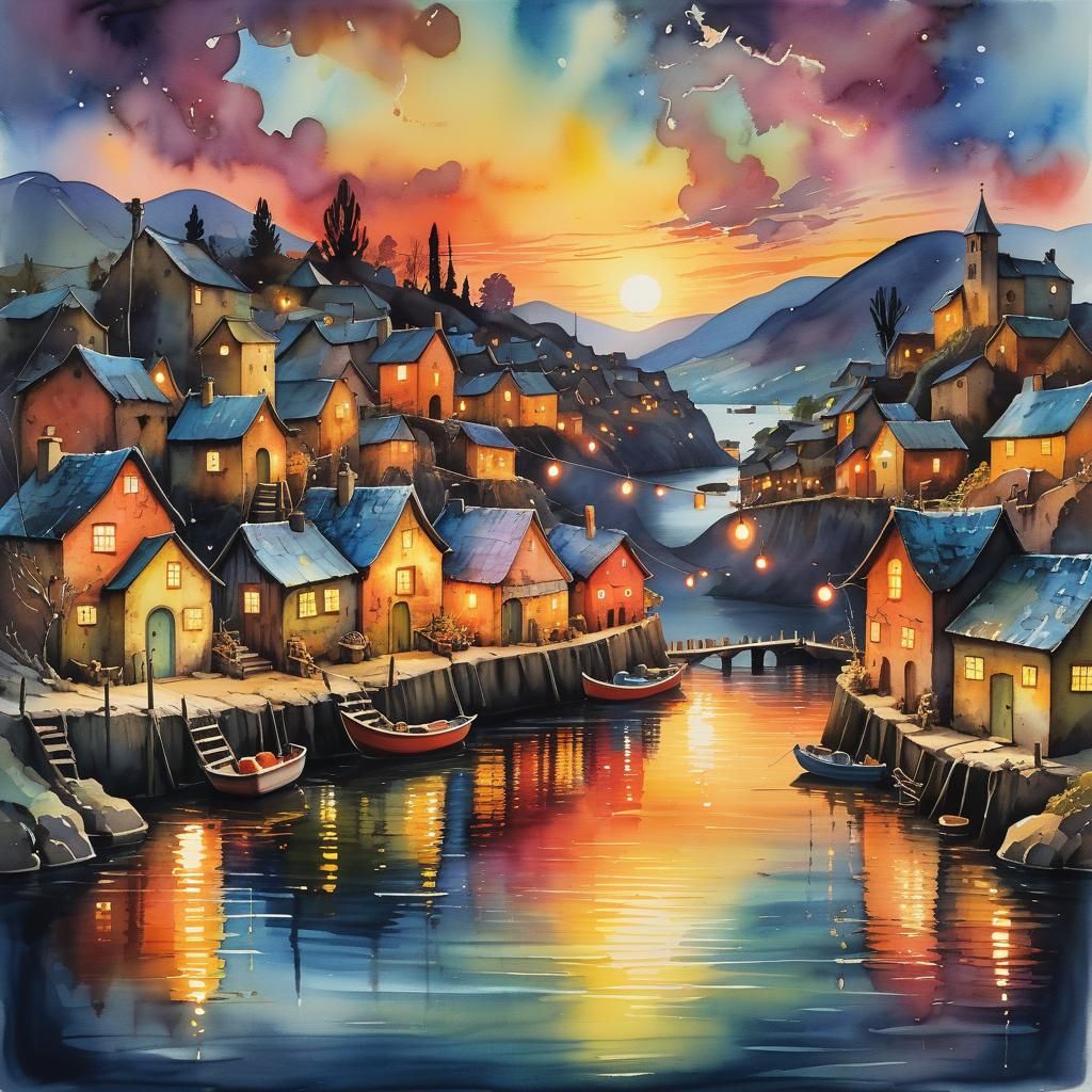 Sunset Fishing Village in Surreal Watercolor Style