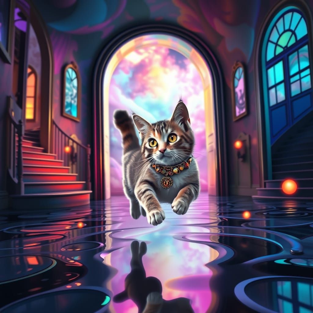 Whimsical Cat Explores Dreamlike Interior with Möbius Strips...