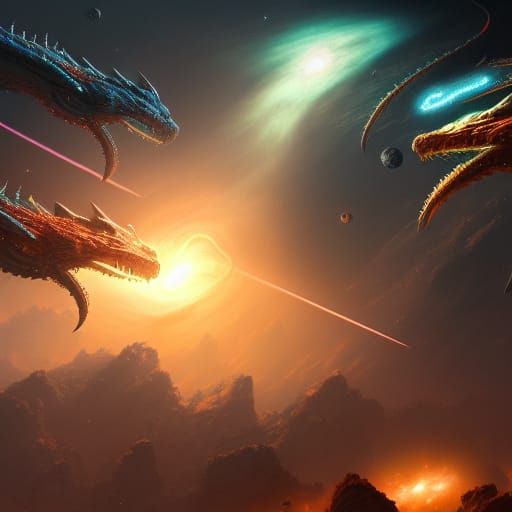Dragons Fly Through a Colorful Space Galaxy