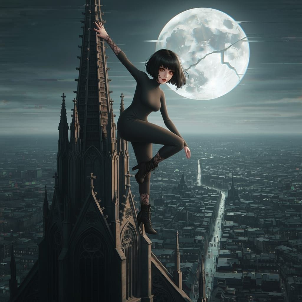 Colossal Woman Climbs Gothic Cathedral Spire