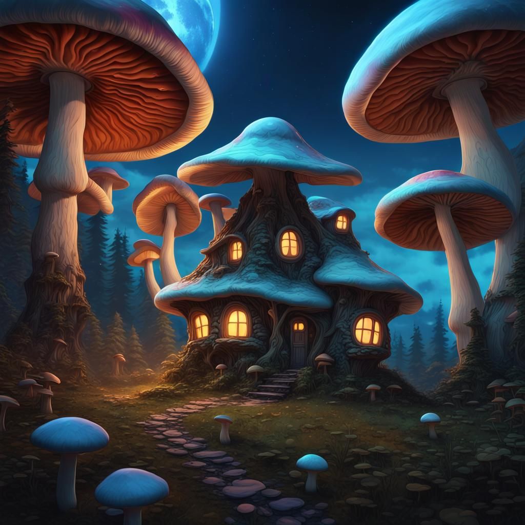 Cat and Mushroom House in Dark Fantasy Landscape