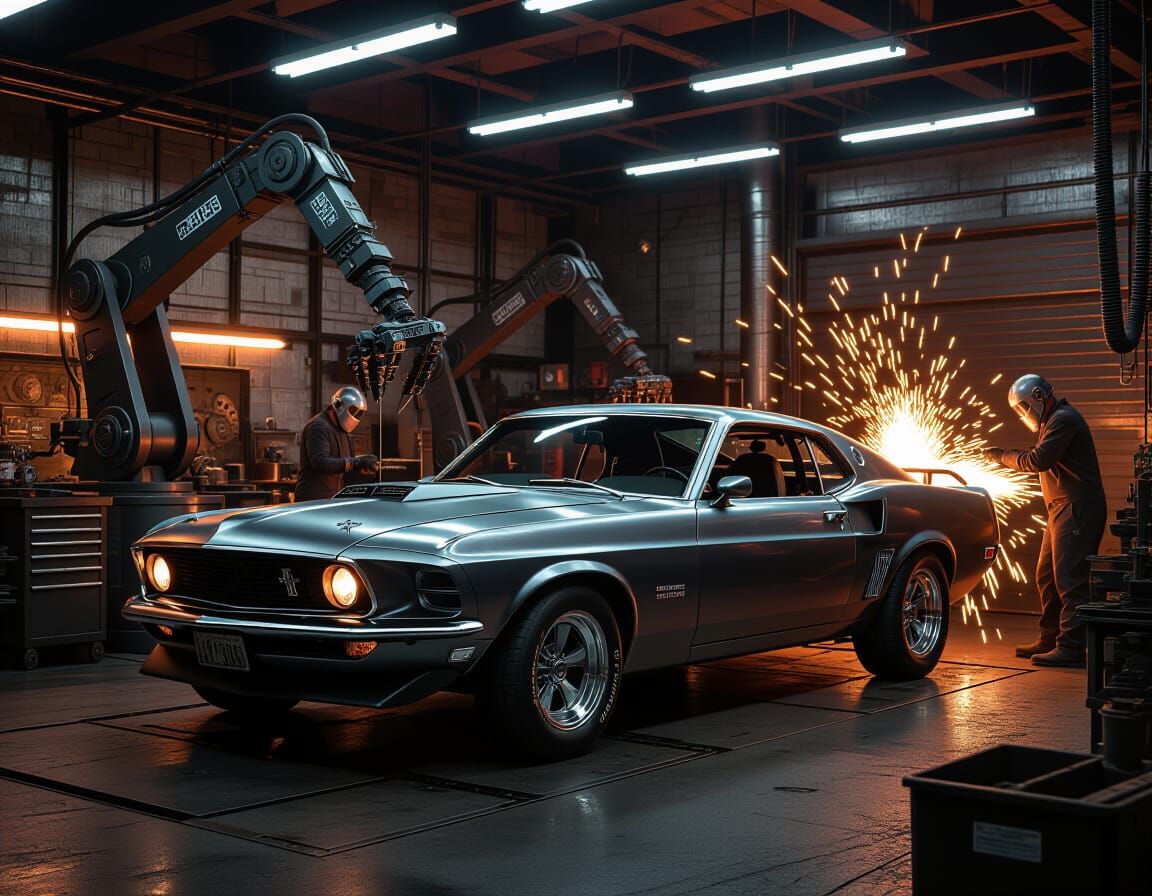 Muscle Car Rebirth in Retro-Futuristic Garage
