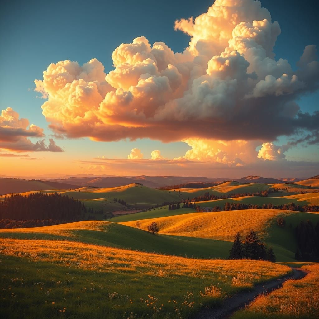 Sunset Over Rolling Hills in Digital Matte Painting Style