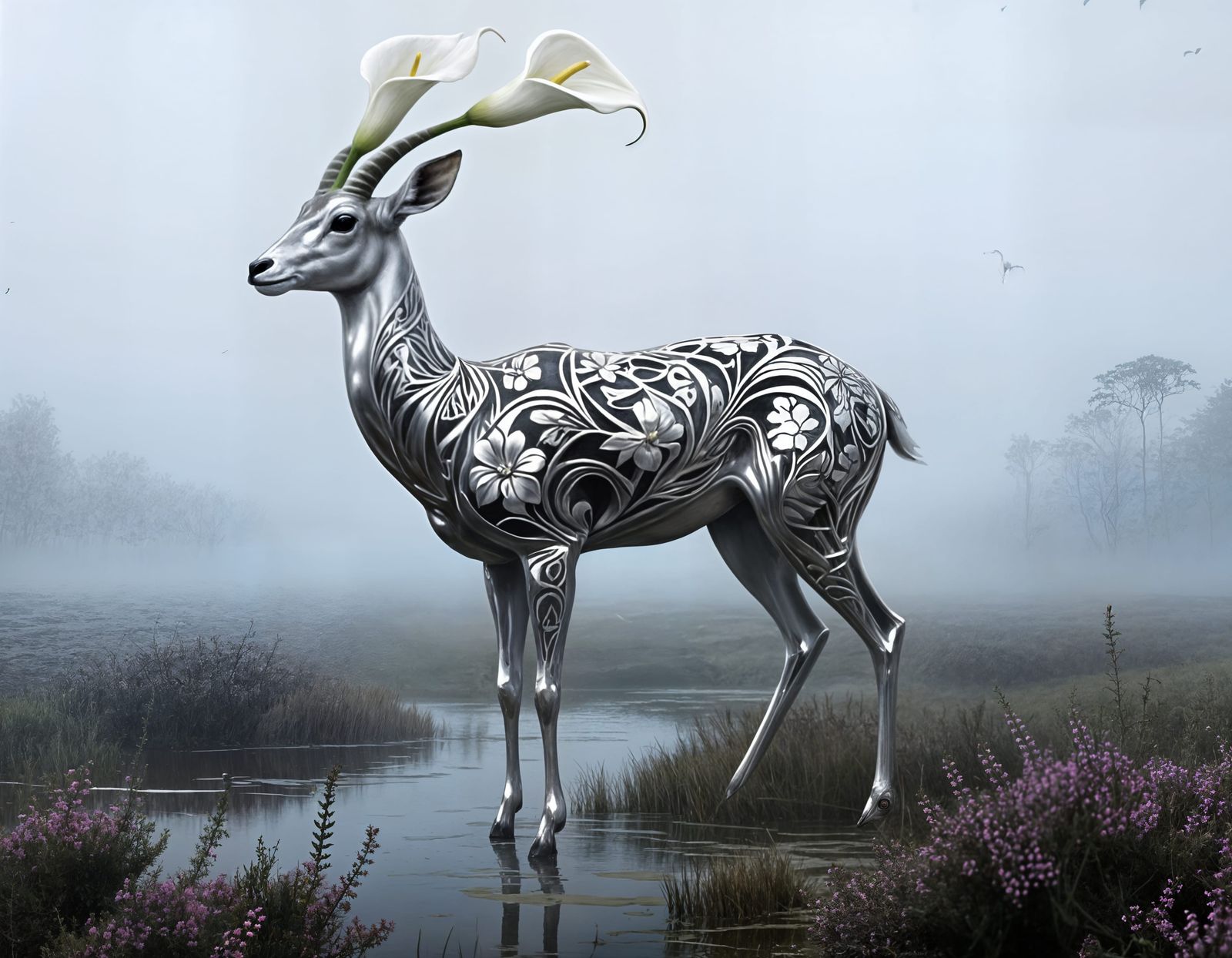 Aluminium Antelope with Arum Lilies in Eerie Marsh