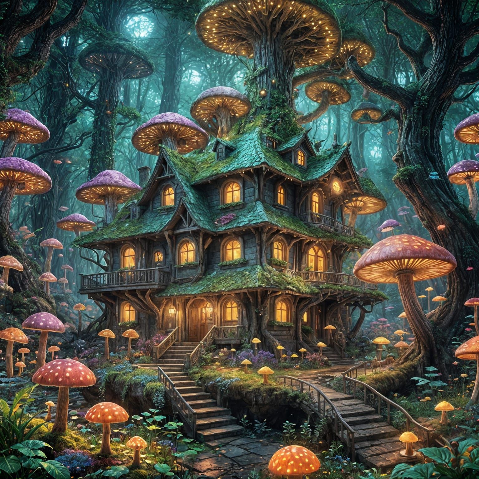 Enchanted Mushroom House in Bioluminescent Forest