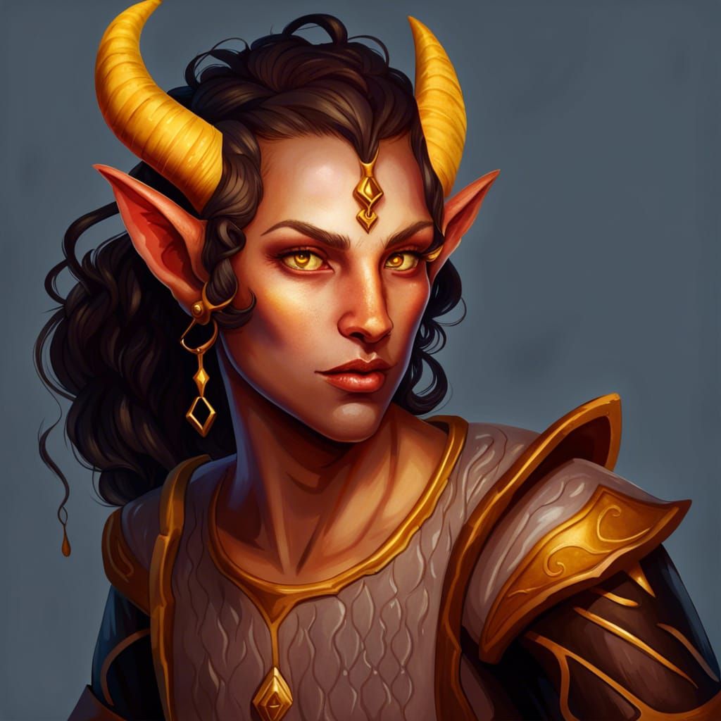 Ultrarealistic Portrait of a Golden-Skinned Tiefling Bard