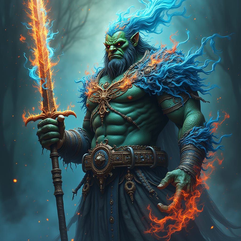 Cyberpunk Orc Warrior with Flames