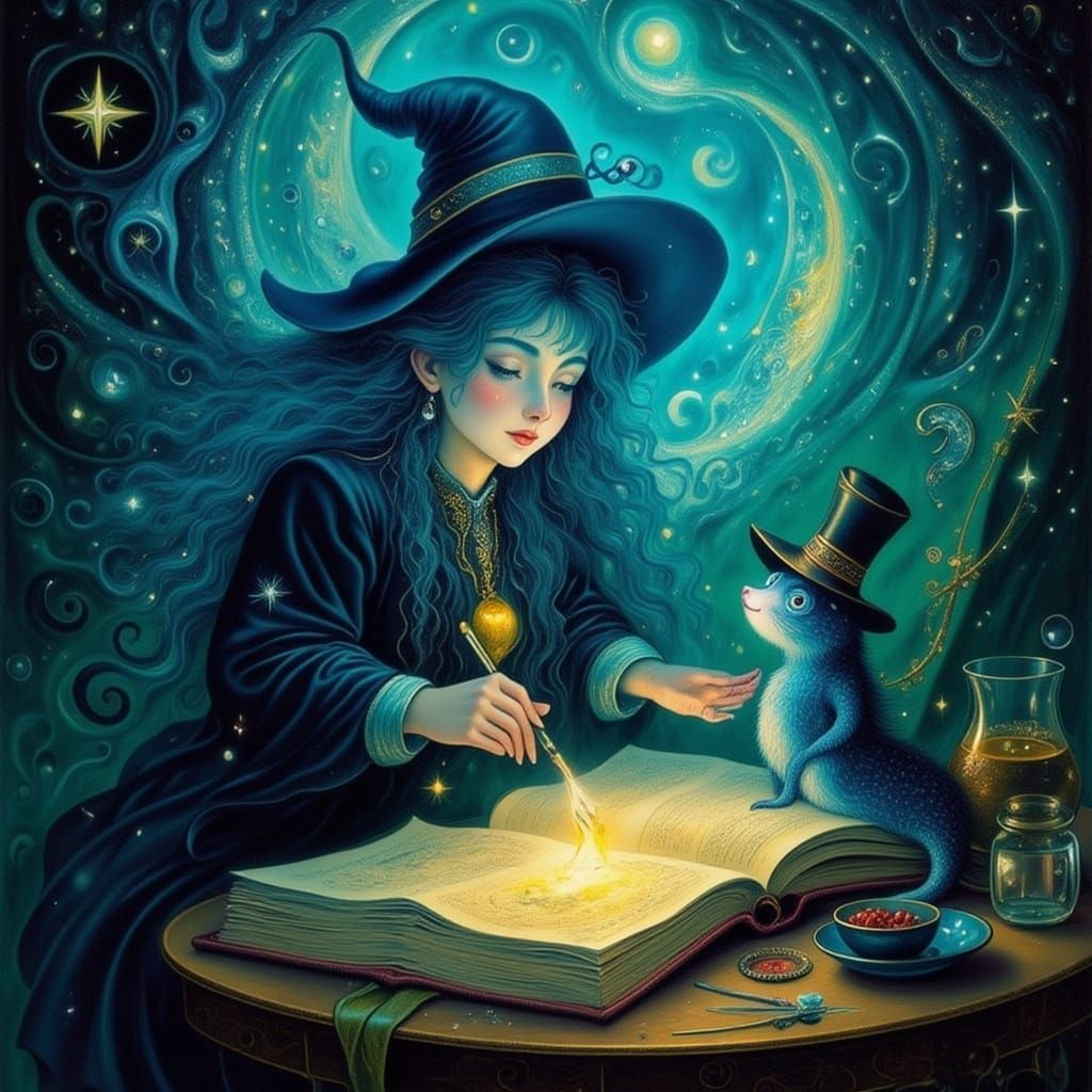 Beautiful with casting a spell with her assistant node.
