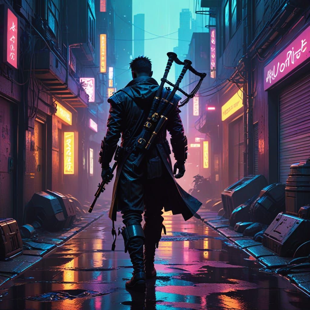Cyberpunk Bagpiper in Neon Alley Evoking Ancestral Memory