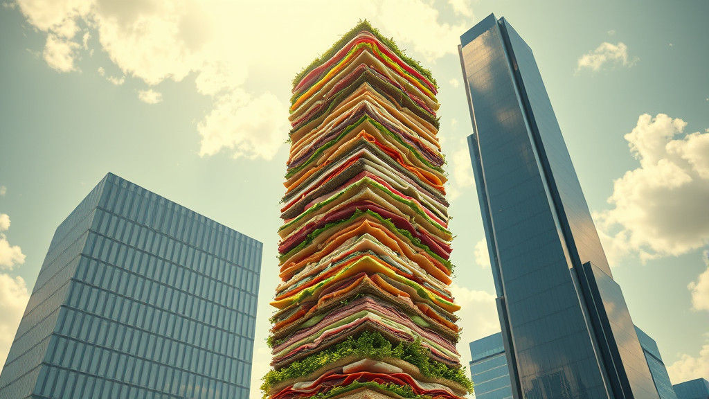 Colossal Sandwich Skyscraper: Hyperrealistic Concept Art