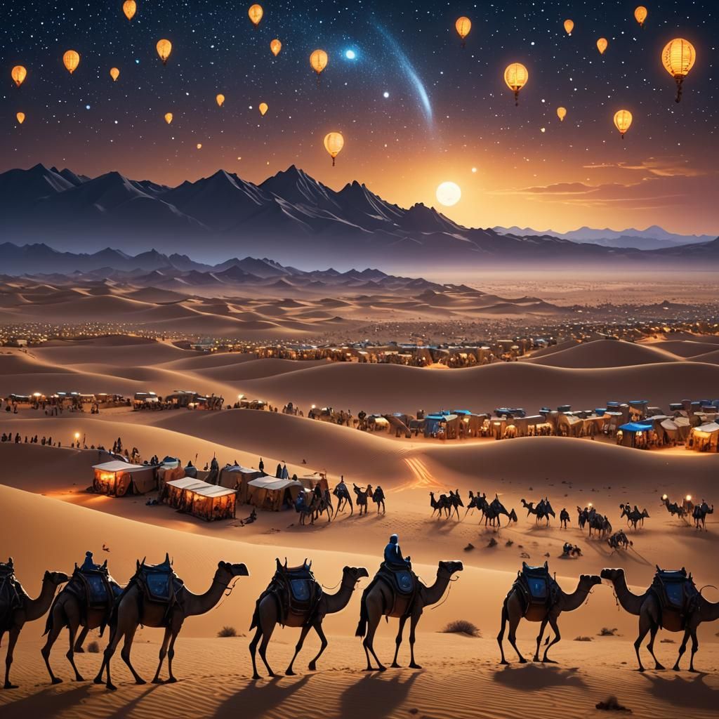 Robotic Caravan in Starry Desert: Digital Matte Painting
