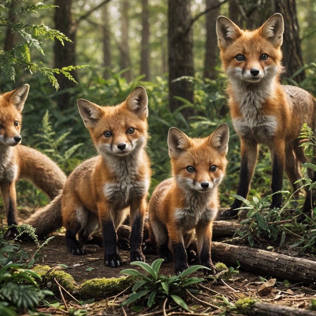 Cute Baby Foxes with Mother: Photorealistic Image