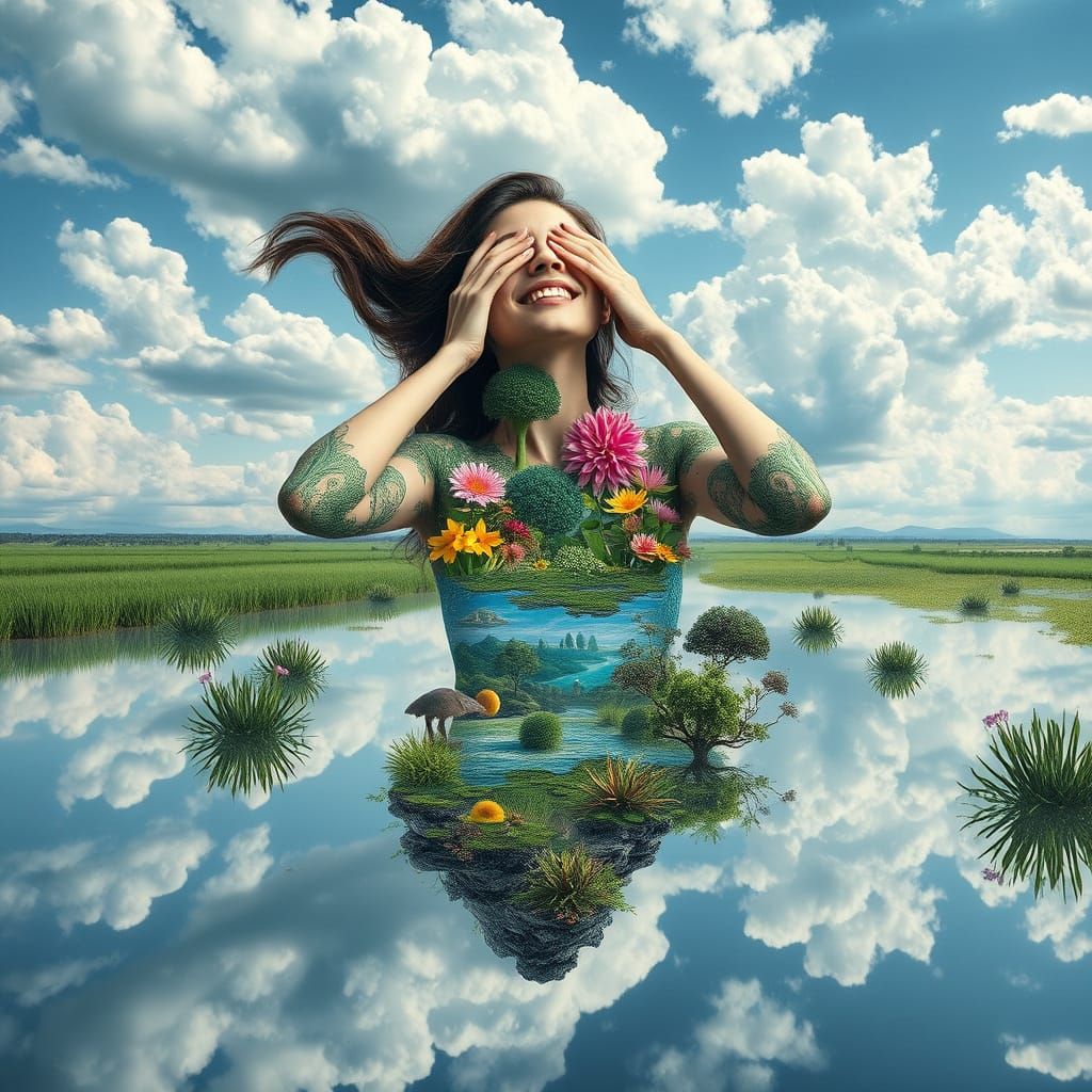 Bio-Art Collage of Woman as Interconnected Ecosystem