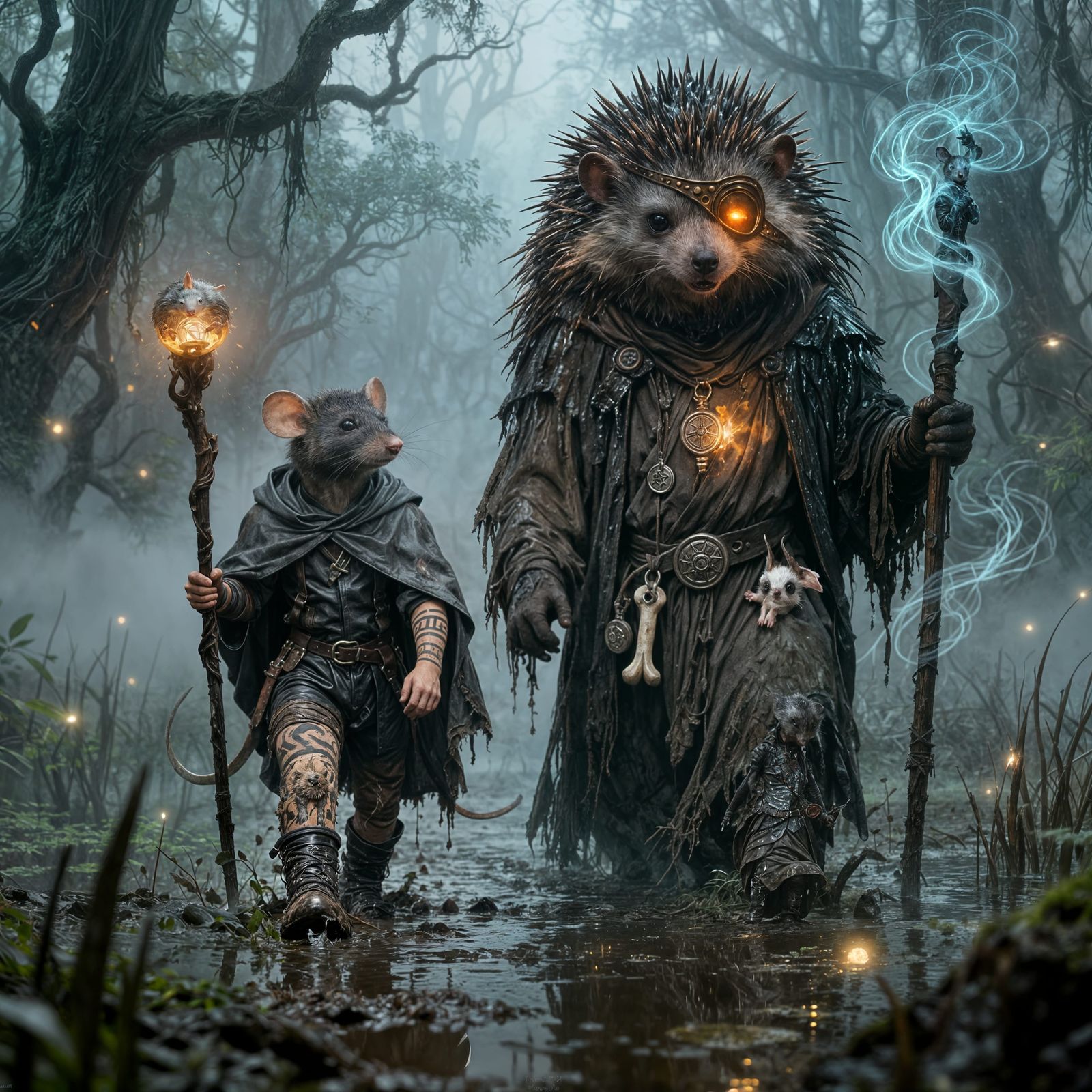 Mouse Necromancer Duo in Swamp, Gritty Fantasy Art