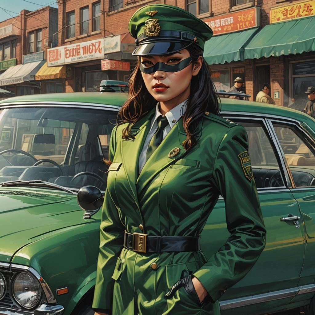 Green Hornet and masked Female Kato,  Asian woman in chauffer's uniform standing by their car, ready for action high res...