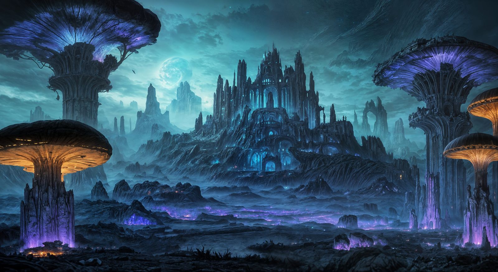 Subterranean Ruins Illuminated by Glowing Mushrooms