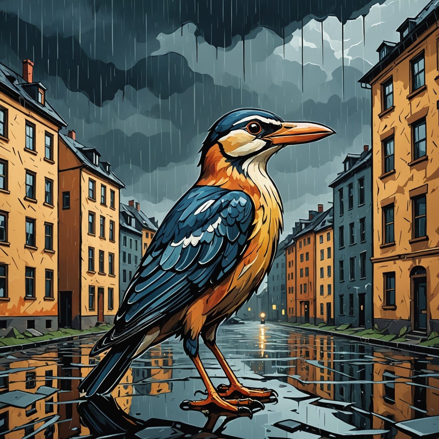 Hopeful Bird in War-Torn City, Expressionist Style