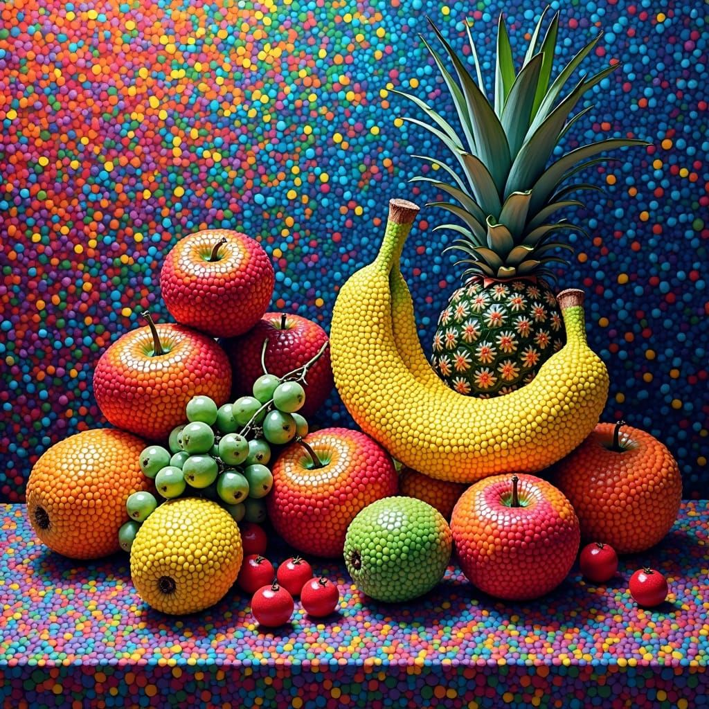 A still pointillism life scene, with fruits and objects rend...