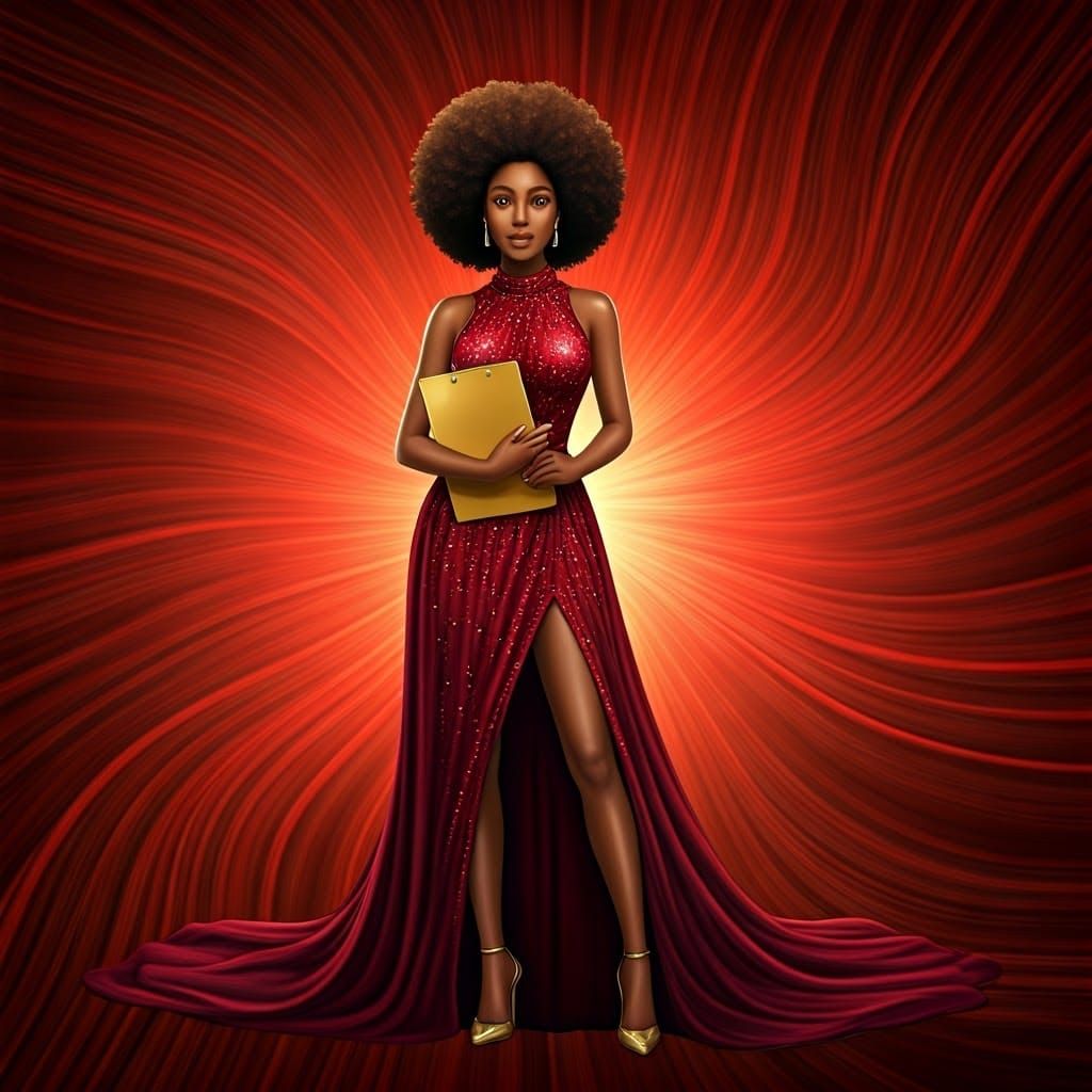 A cartoon-style Black woman in her early 20s, confidently st...