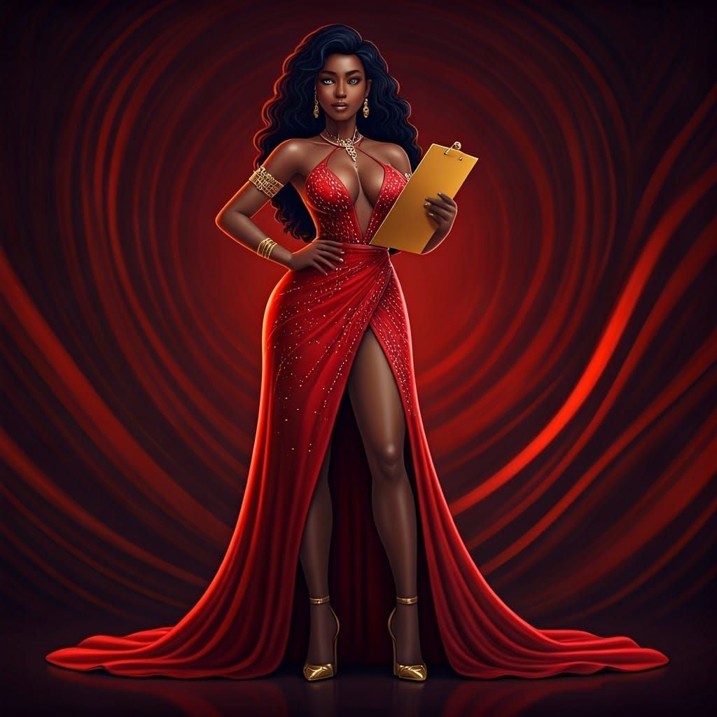 A cartoon-style Black woman in her early 20s, confidently st...