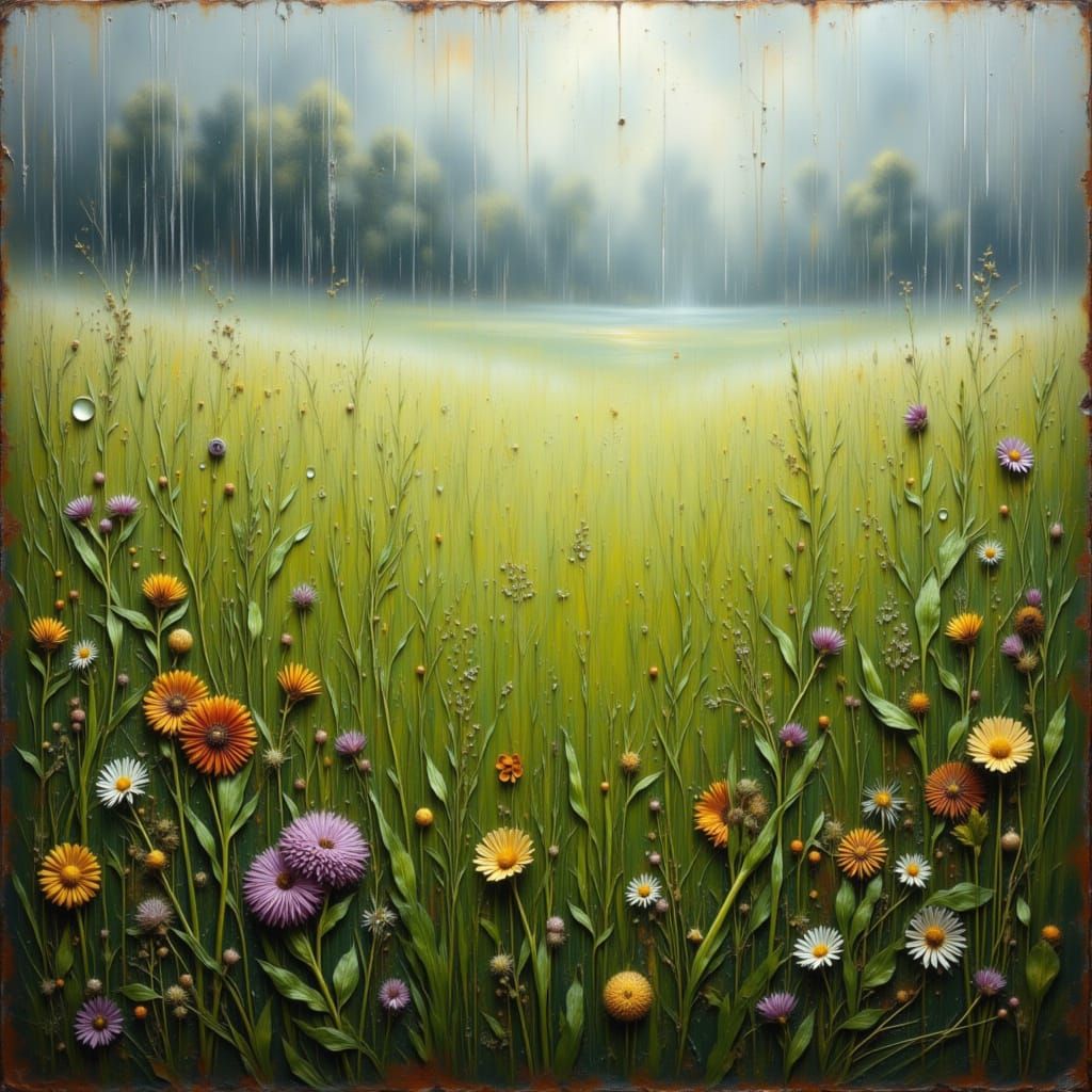 Rainy Meadow with Sparkling Raindrops in Oil Painting Style