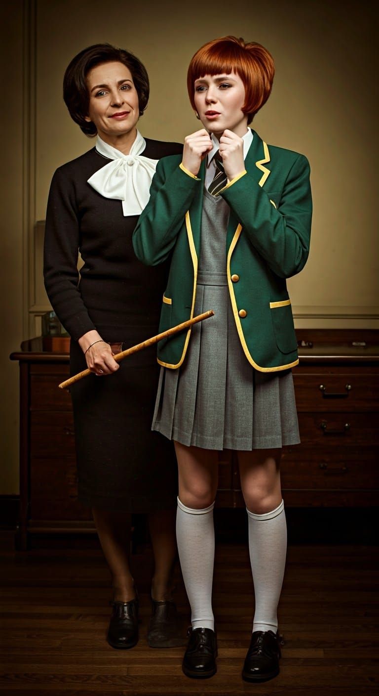 Refined Redhead in Retro School Uniform, Surrounded by Shado...