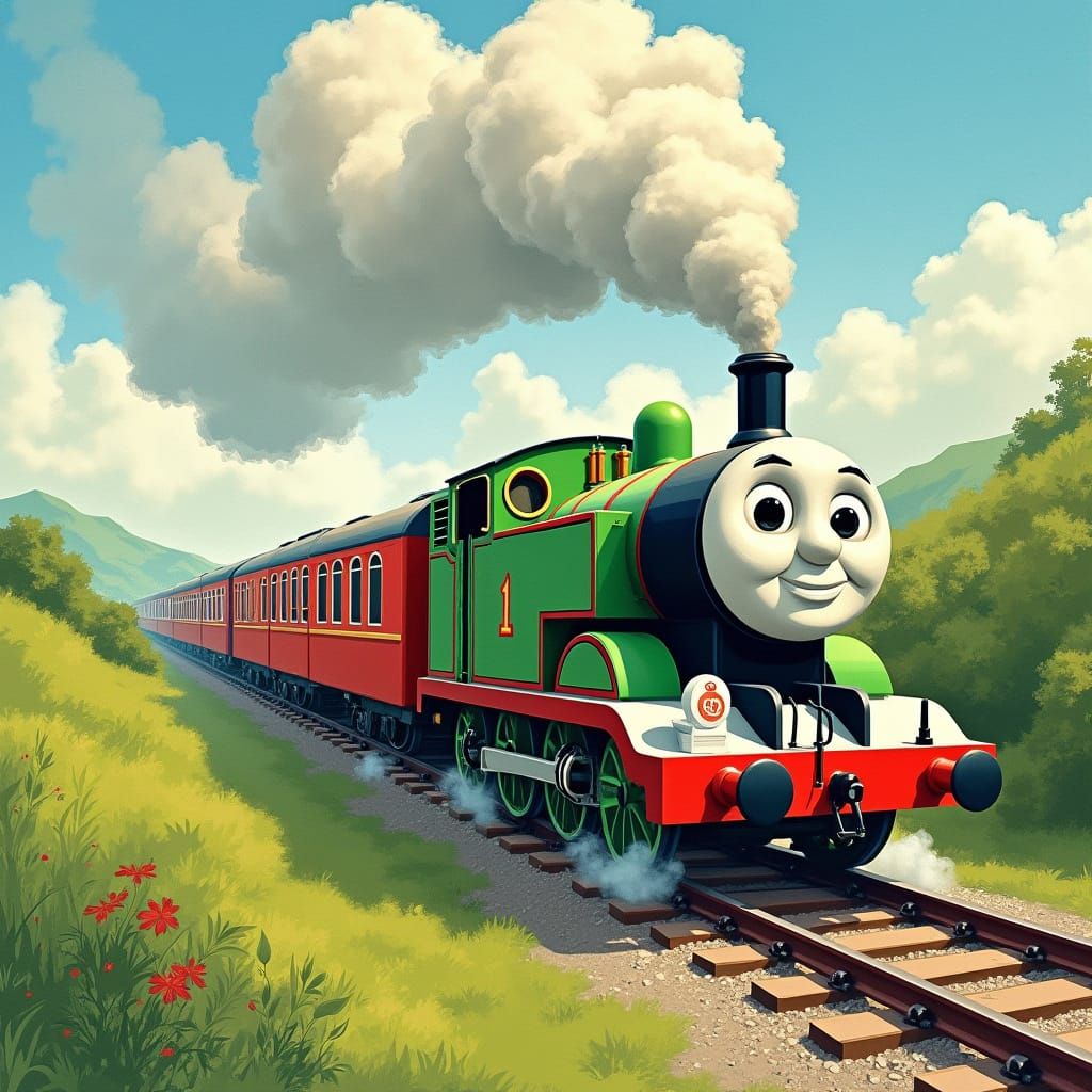 Classic Railway Engine Chugs Along Lush Countryside