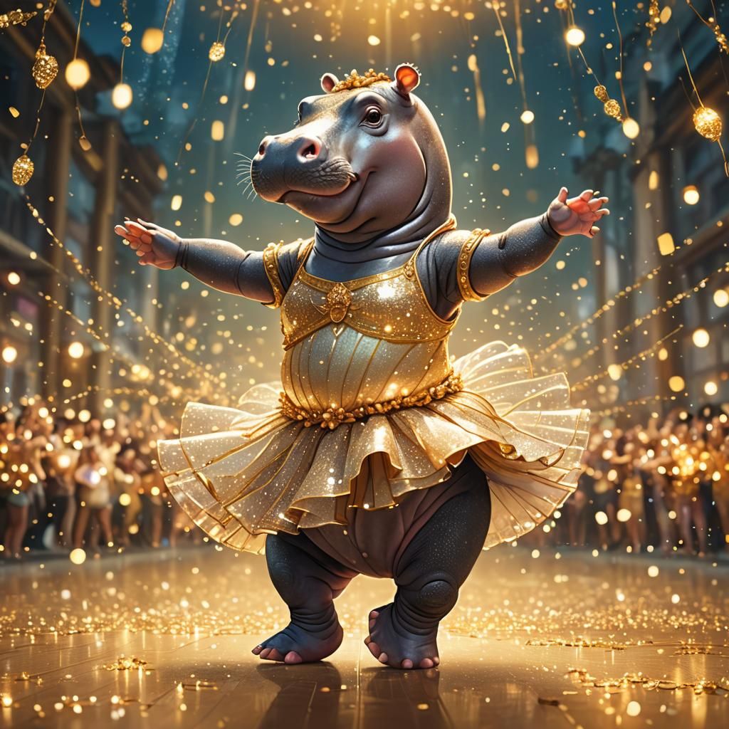 Sparkling Hippo Ballerina Dance in Klimt Style