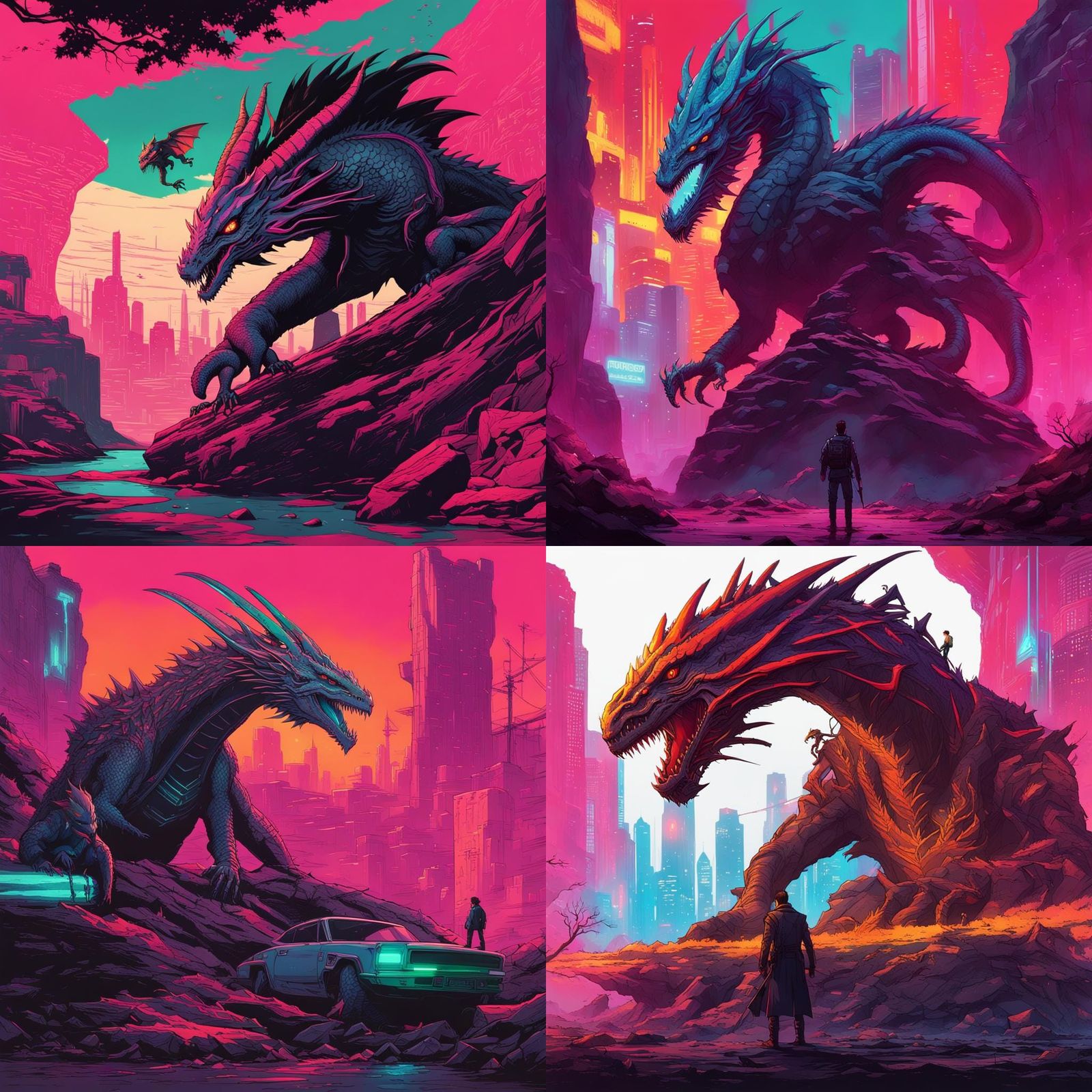 Dragon, Basilisk, and Boy in Cyberpunk Setting