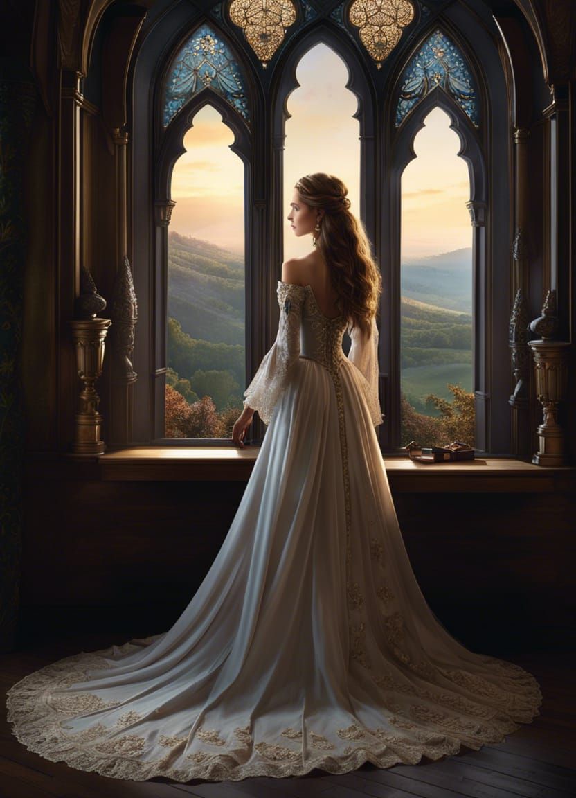 Medieval Princess in Castle Window, Artstation Quality