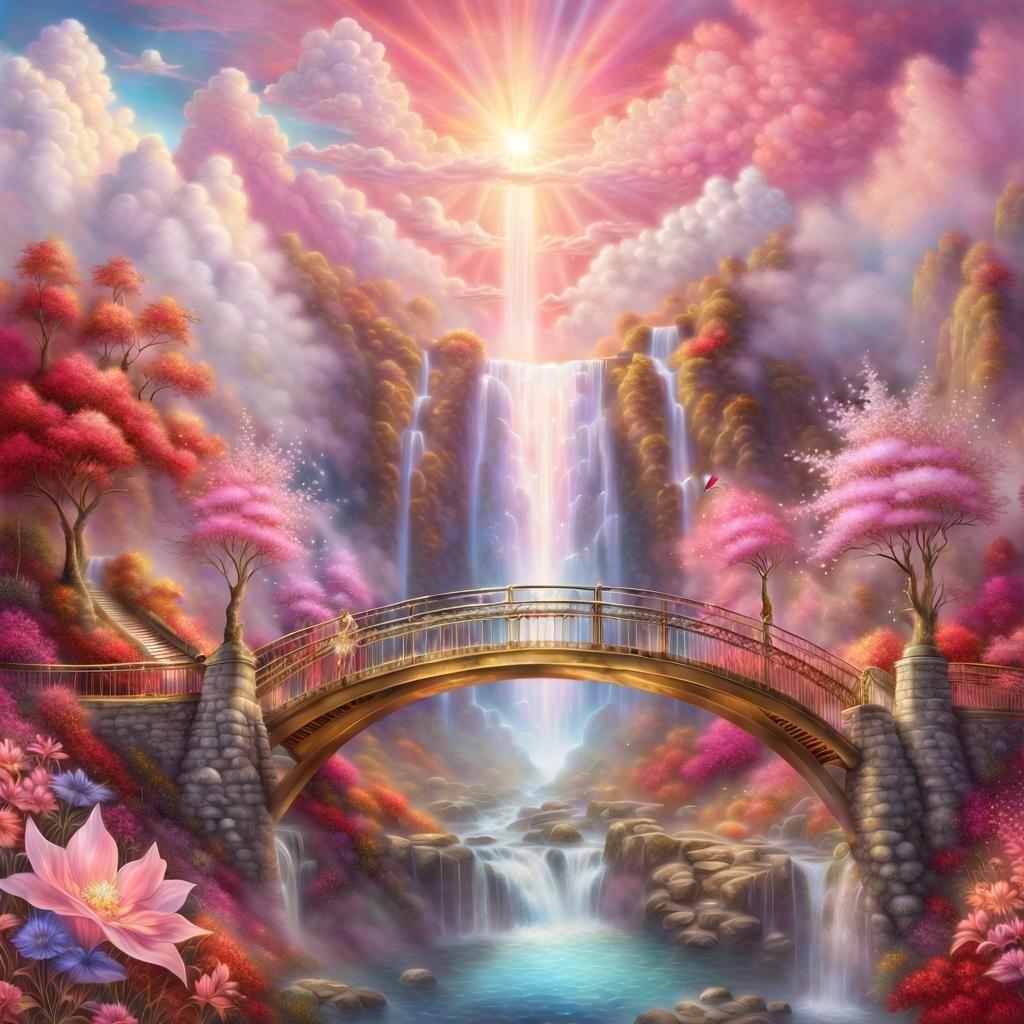 Cosmic Waterfall with Crystal Bridge in Astral Illustration