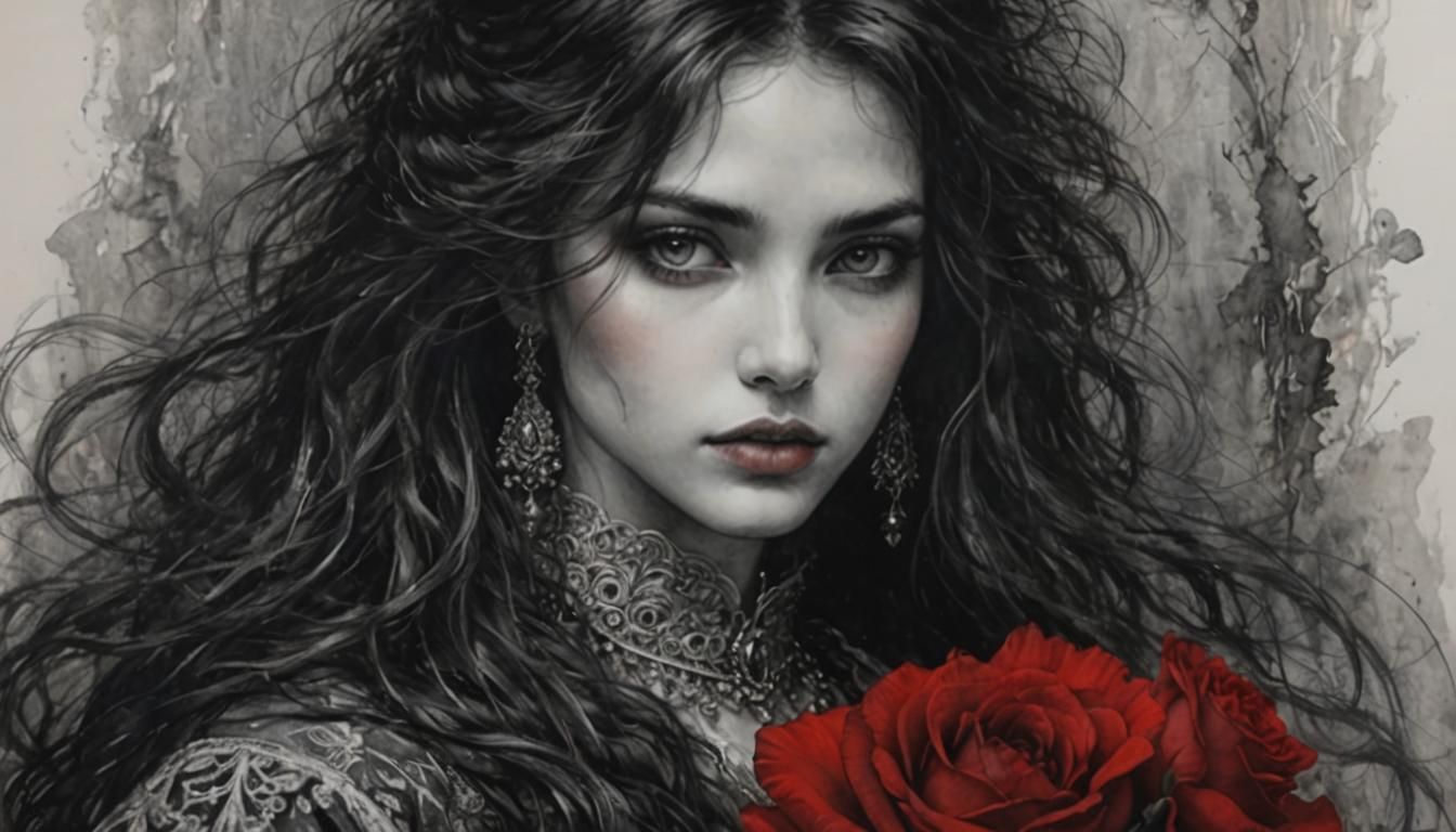 Monochrome Beauty in Red Charcoal Drawing